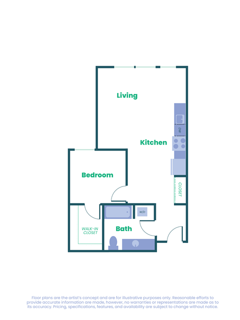 Floor plan for 1 bed, 1 bath, 708 sqft